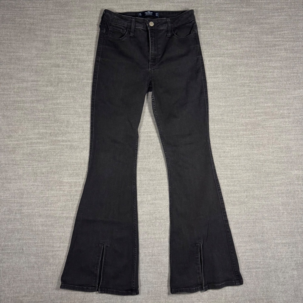 Hollister High Rise Flare Jeans Black Slit Hem Stretch Denim‎ W27 L29 - Picture 2 of 10